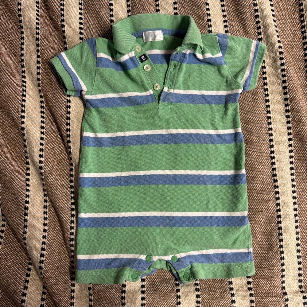 E. Land Green Blue Stripe Romper Jon Jon One Piece 12 Months